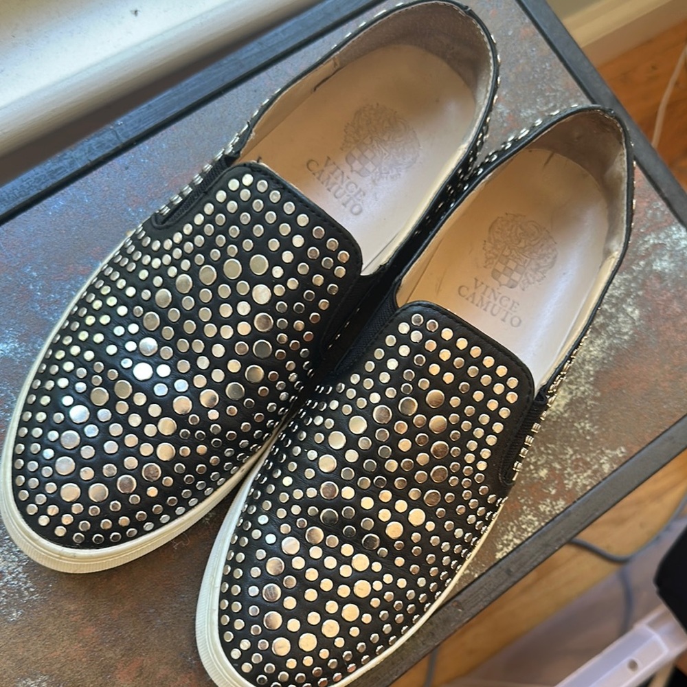 Vince Camuto Black and Silver Studded Loafers